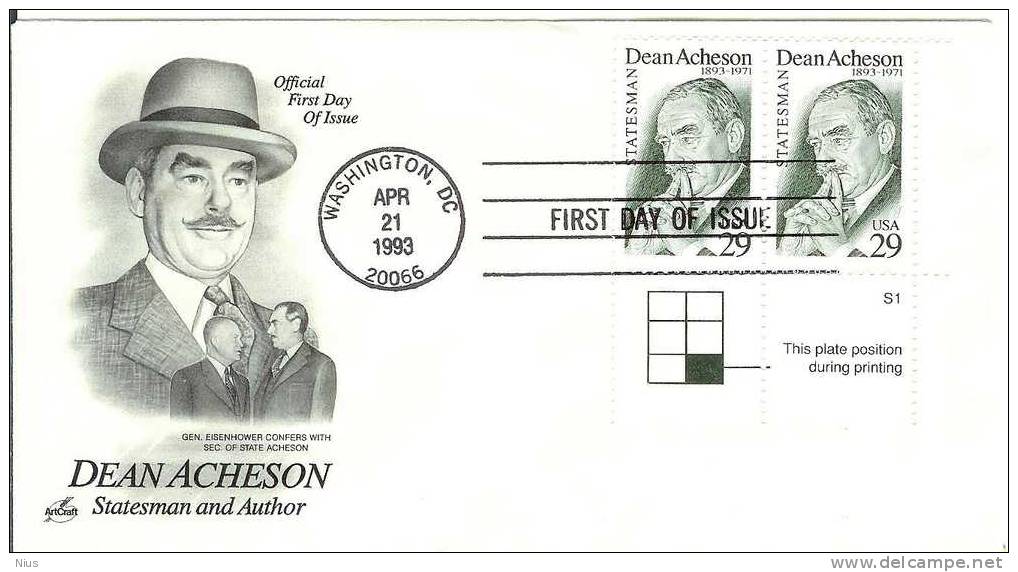 USA United States 1993 FDC Dean Acheson, Statesman Author Writer, Canceled In Washington - 1991-2000