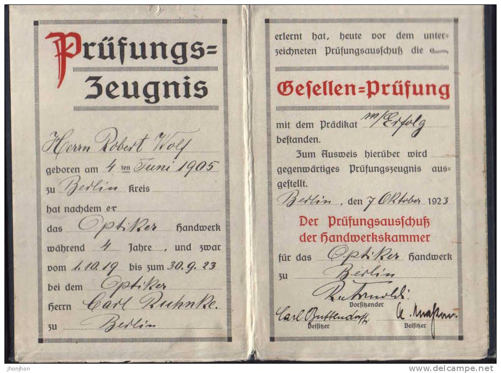 Deutschland - Prüfungszeugnis 1923 - Optiker  -2/scans - Diplomi E Pagelle