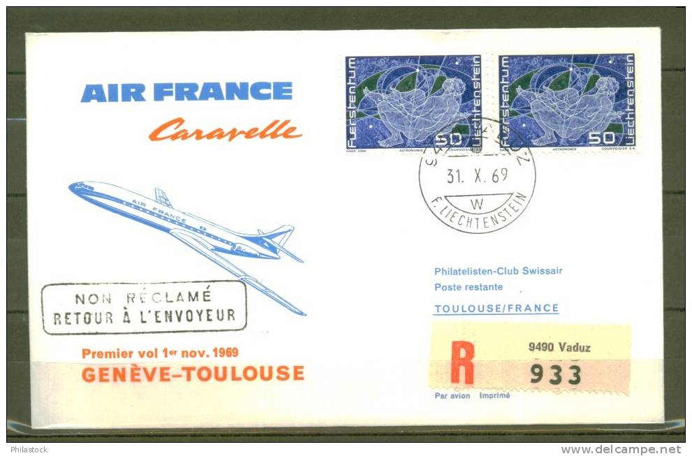LIECHTSTENSTEIN 1969  1° Vol Genéve Toulouse Obl. S./lettre Entiére - Covers & Documents