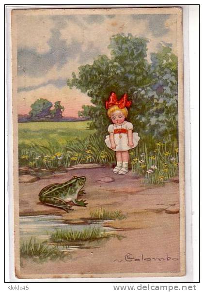 Illustrateur E. COLOMBO - Petite Fille à La GRENOUILLE - Fillette Robe Blanche Ceinture Et Noeud Rouge - Italiana - Colombo, E.