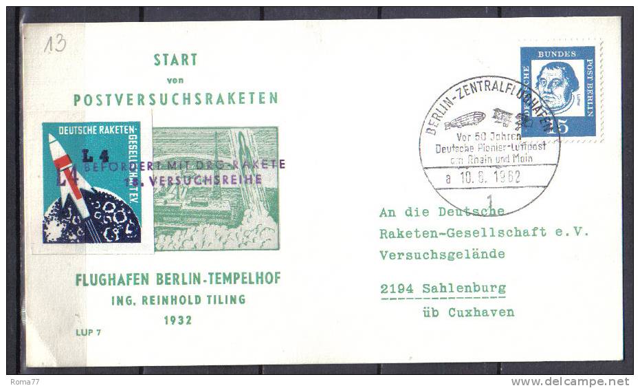 TR13 - POSTA RAZZO ROCKET POST : GERMANIA BERLINO  10.6.62 - Briefe U. Dokumente