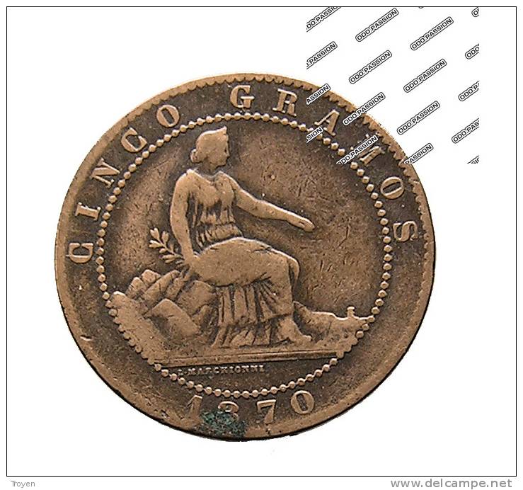 Espagne - 5 Centimos - 1870 - Cuivre - TB - Spanish Netherlands