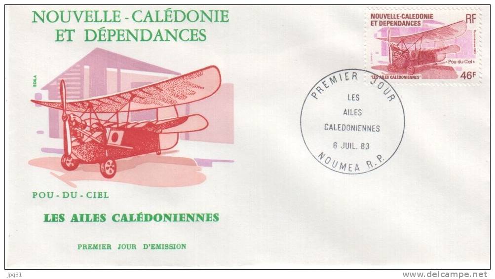 2 Enveloppes 1er Jour Ailes Calédoniennes - Noumea 6/7/83 - Pou-du-ciel + Aiglon Caudron - FDC