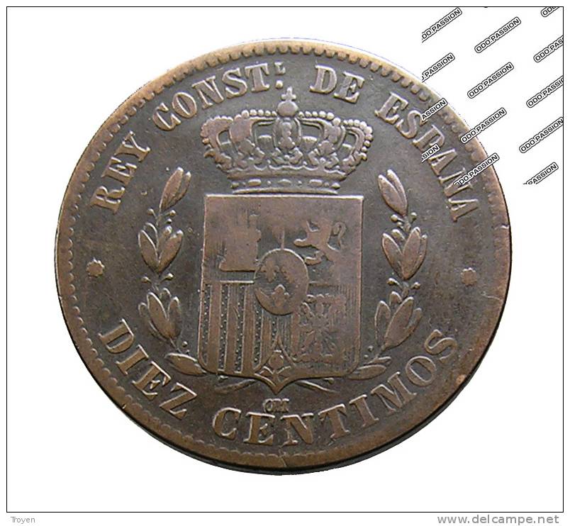 Espagne - 10 Centimos - 1879 -  Bronze - TB - Spanish Netherlands