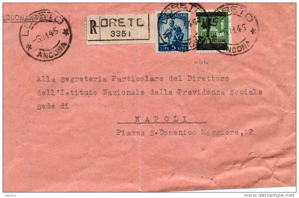 1945 LETTERA RACCOMANDATA  CON ANNULLO LORETO ANCONA - Marcophilia