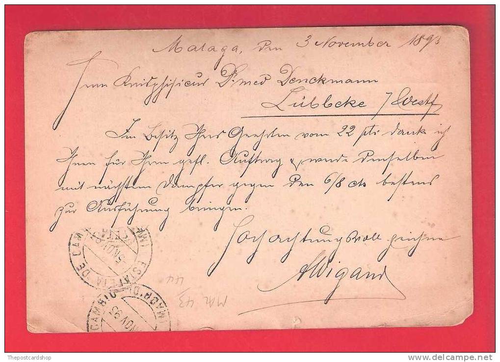 CPA MALAGA  HISTORIA POSTAL CON LLEGADA LUBBECKE  1893 POSTMARK  DOS SIMPLE ESPANA SPAIN ESPAGNE - Malaga