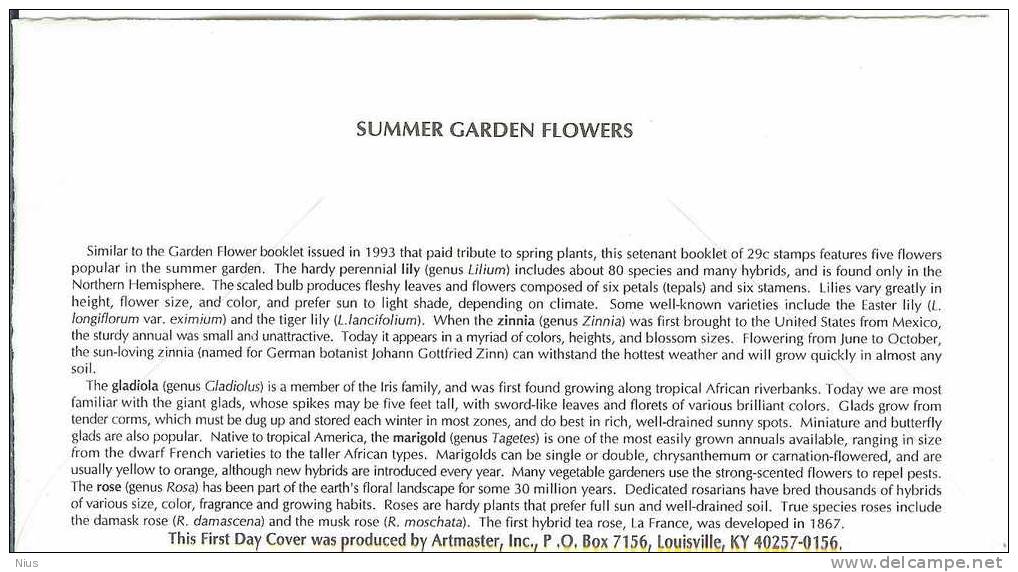 USA 1994 FDC Flora Flower Flowers Roses Lilt Gladiola Marigold Rose Zinnia - 1991-2000