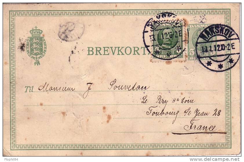 DANEMARK - ENTIER POSTAL AVEC COMPLEMENT POUR LA FRANCE DE NARSKOV LE 12-1-1912. - Briefe U. Dokumente