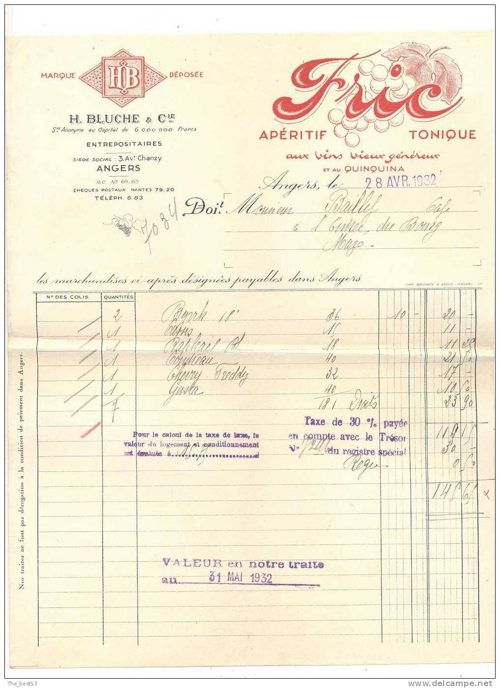 Facture    H. Bluche & Cie       Angers (49) - Facturas