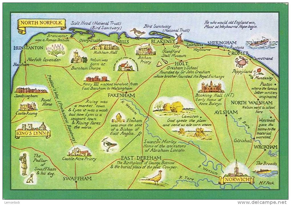 Britain United Kingdom - North Norfolk Painted Map Postcard [P1680] - Other & Unclassified