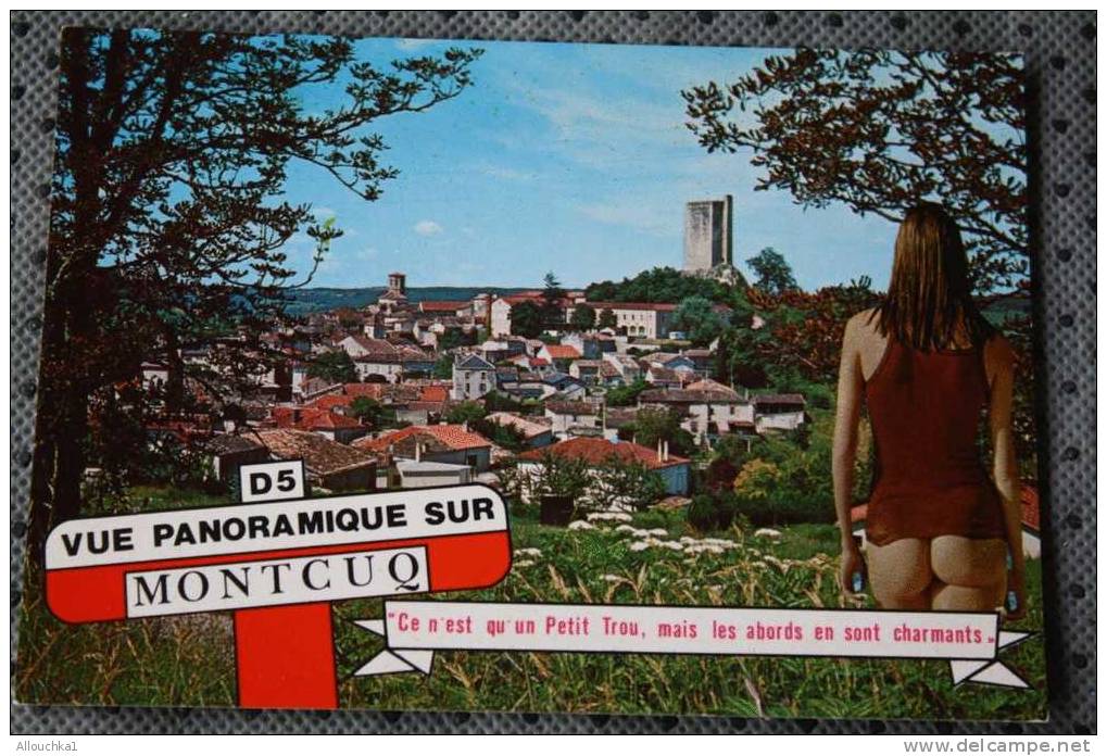 CPSM Localisée à MONTCUQ LOT 46 " CE N'EST QU'UN PETIT TROU MAIS LES ABORDS SONT CHARMANTS " VUE PANORAMIQU DE MONTCUQ - Montcuq