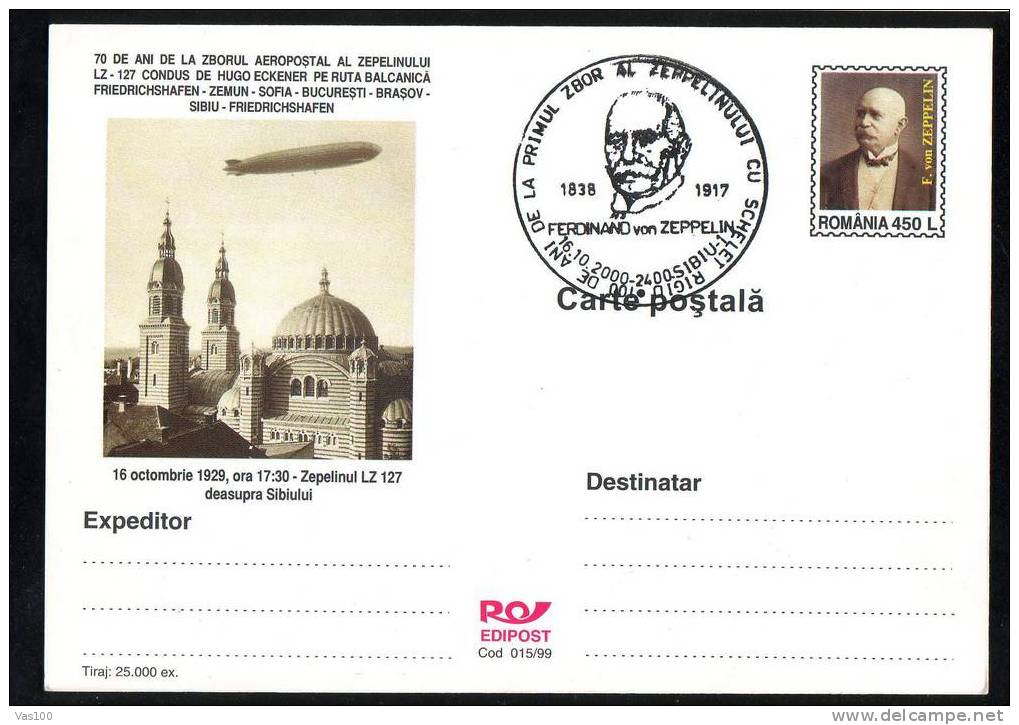 ROMANIA 1999 POSTCARD STATIONERY, Zeppelins  LZ-27 PMK 2000. - Zeppeline