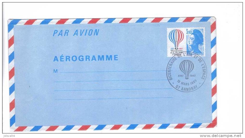 Aérogramme 1010 - Cachet Bicentenaire De L´ Air Et De L´ Espace - Aérogrammes