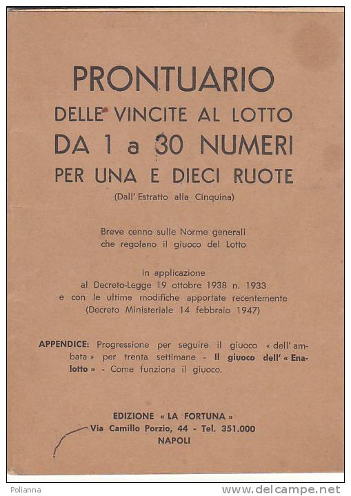 C0262 PRONTUARIO Delle VINCITE Al LOTTO Edizione "La Fortuna" Anni ´40/LOTTERIA/ENALOTTO - Biglietti Della Lotteria