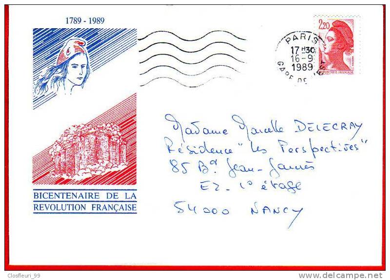 Liberté De Delacroix Seul Sur Lettre Y&T.2376 /bicentenaire De La Révolution, 1989 - Covers & Documents