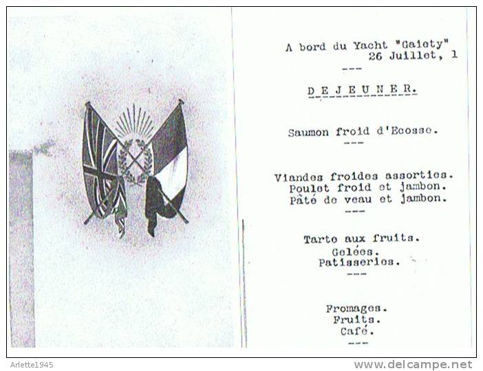 DEJEUNER A BORD Du YACHT " GAIETY" 26 JUILLET 1913 - Autres & Non Classés