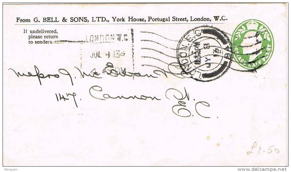 Entero Postal LONDON 1913. Gran Bretaña  1/2 Penny - Briefe U. Dokumente