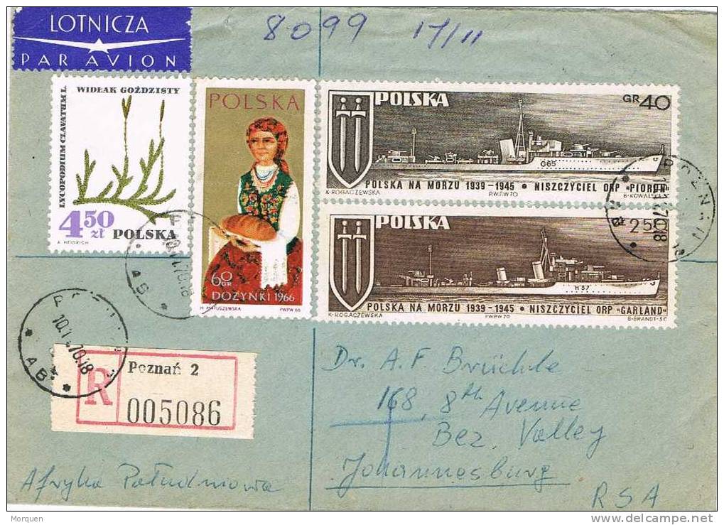 Carta Aerea  Certificada POZNAN (Polonia) 1970. Stamps Ships - Lettres & Documents