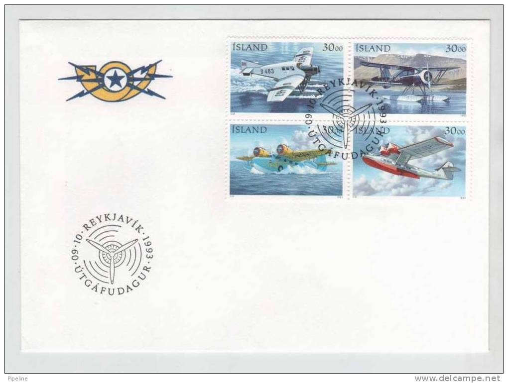 Iceland FDC 9-10-1993 Mailing Aeroplanes Complete Set Of 4 In A Block - FDC