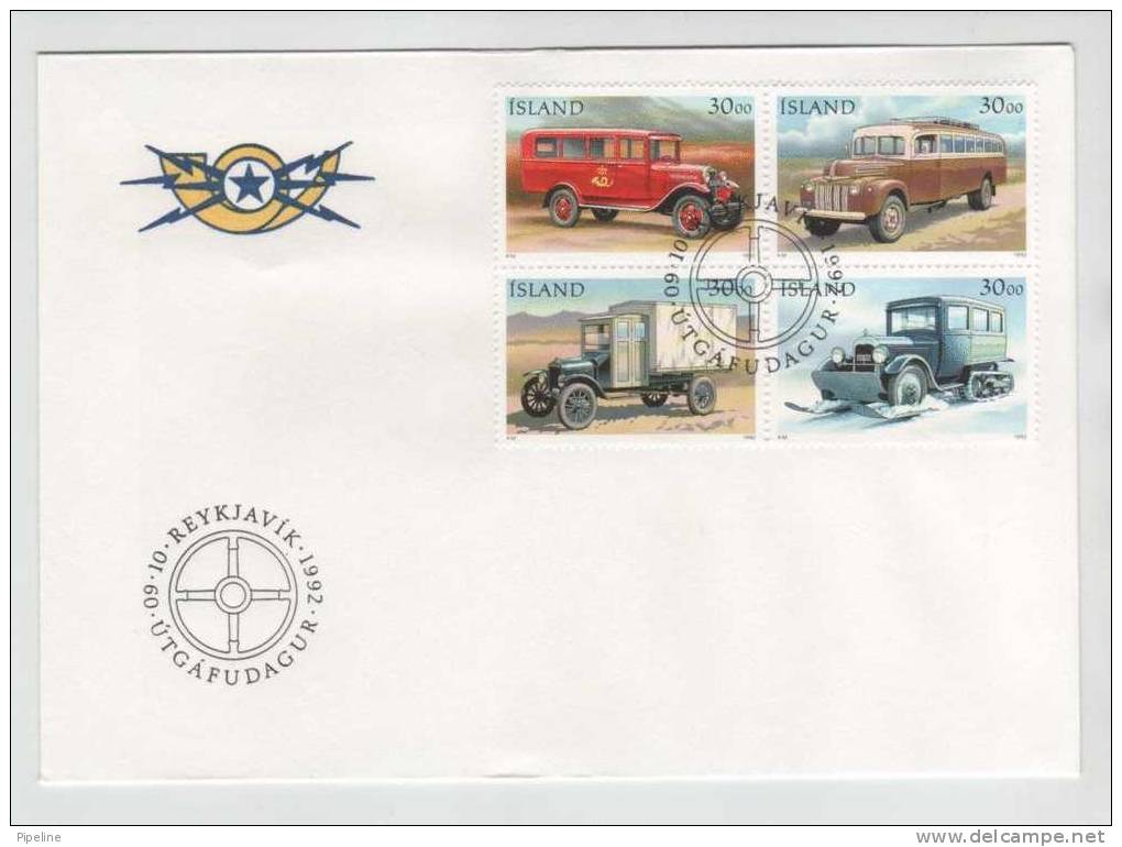 Iceland FDC Mail Vans Complete Set Of 4 In A Block 9-10-1992 - FDC