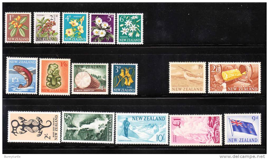 New Zealand 1960-66 Def Flowers Timber Butter Making Glacier MNH/MLH - Unused Stamps