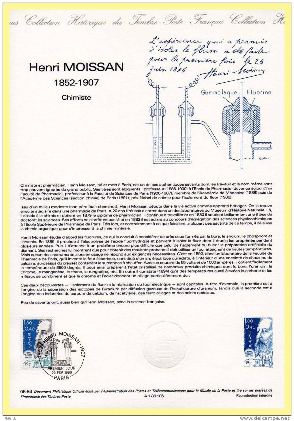 DPO 1986 Document Officiel 06-86 "  HENRI MOISSAN " N° YT 2397 - Prix Nobel