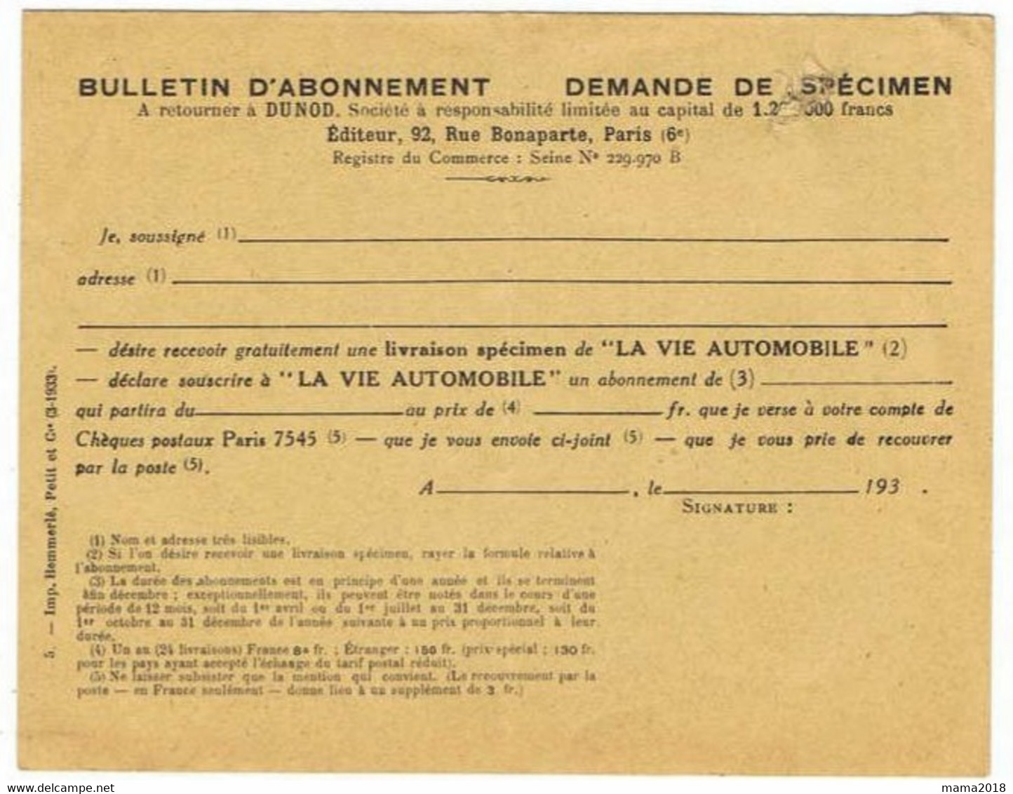 BULLETIN    Abonnement   LA VIE  AUTOMOBILE  ( Demande Specimen ) - Transportmiddelen