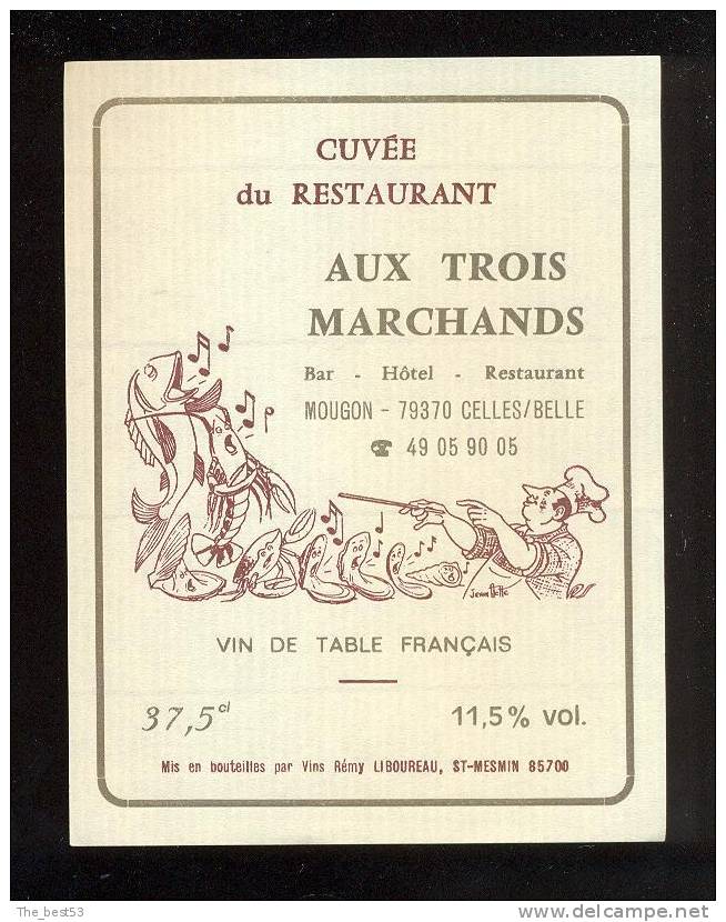 Etiquette De Vin De Table 37.5 Cl  -  Restaurant  Aux Trois Marchands  à  Celles Sur Belle (79)  -  Thème  Fruits De Mer - Other & Unclassified