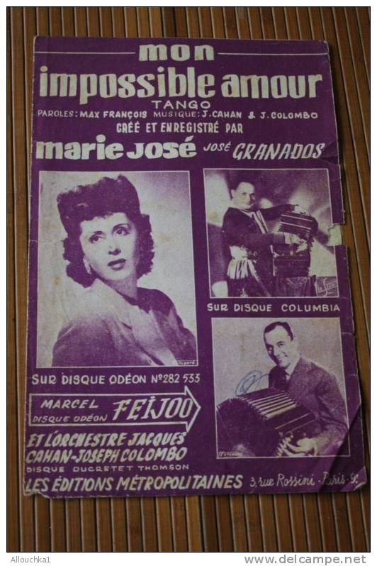 MON IMPOSSIBLE AMOUR  TANGO DE MARIE JOSé GRANADOS  DISK COLOMBIA  ED METROPOLITA => MUSIQUE PARTITION MUSICALE ANCIENNE - Song Books