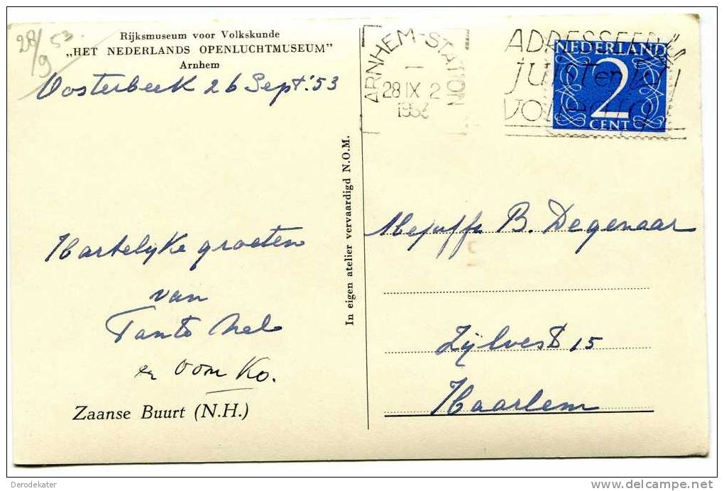 Zaanse Buurt .1953 Gelopen.N.O.M. Stempel Arnhem-Station. Zegel  2 Cent. - Zaanstreek