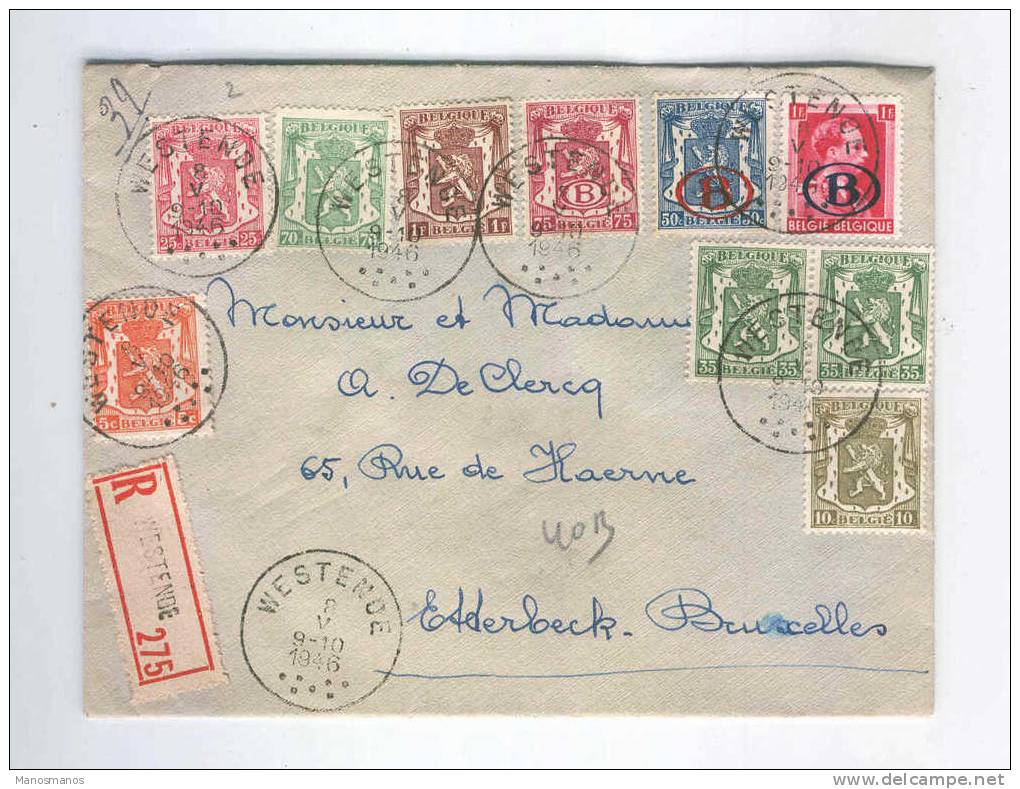 524/16 - Lettre RECOMMANDEE TP Sceau Etat Et  Divers TP Service WESTENDE 1946 Vers ETTERBEEK - BXL - Lettres & Documents