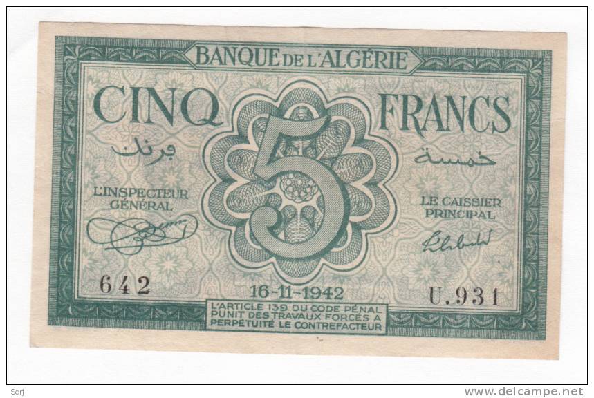 ALGERIA  5 Francs 1942  P 91 - Argelia