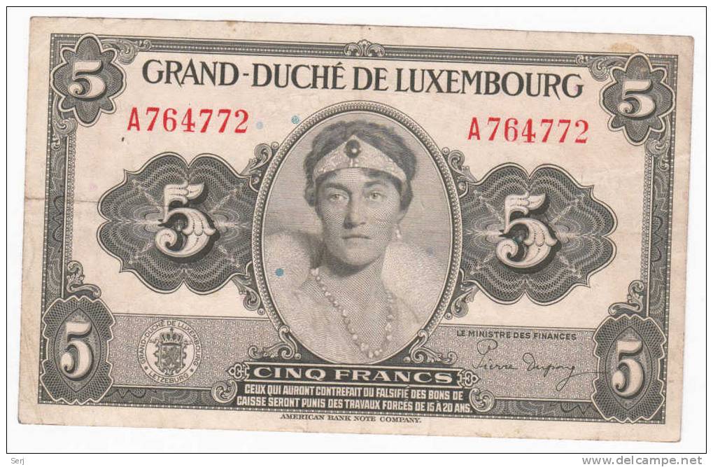 LUXEMBOURG 5 FRANCS 1944  P 43b  43 B - Luxemburg