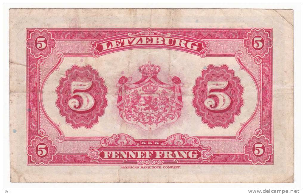 LUXEMBOURG 5 FRANCS 1944  P 43b  43 B - Luxembourg