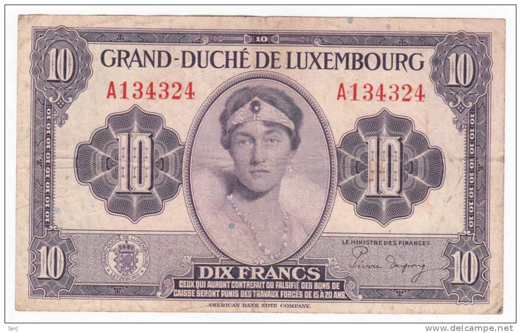 LUXEMBOURG 10 FRANCS 1944  P 44 - Luxembourg