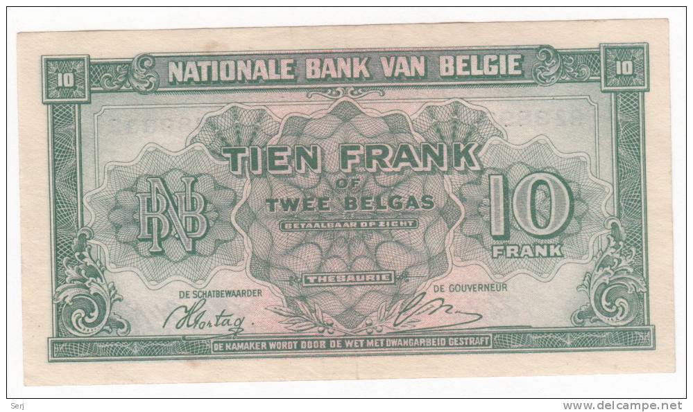 BELGIUM 10 FRANCS 1943  P 122 - 10 Francs-2 Belgas