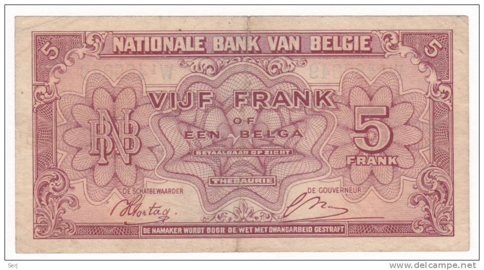 BELGIUM 5 FRANCS 1943 P 121 - 5 Franchi-1 Belga