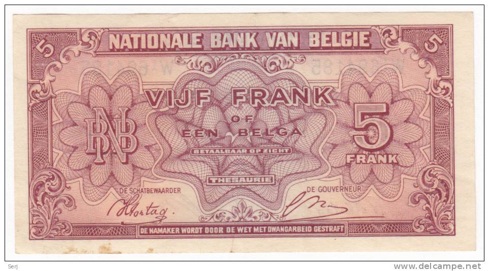 BELGIUM 5 FRANCS 1943 P 121 - 5 Francs-1 Belga