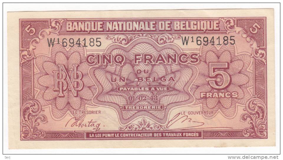 BELGIUM 5 FRANCS 1943 P 121 - 5 Francos-1 Belga