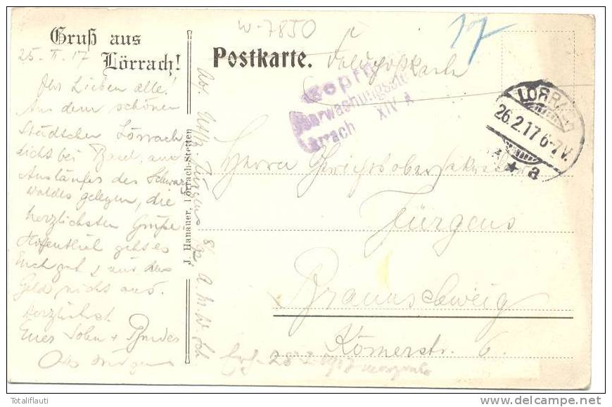 Lörrach Meyerhof Belebt Riegeler Bier Ablage Geprüft Überwachungsstelle XIV A Zensur 26.2.1917 - Loerrach