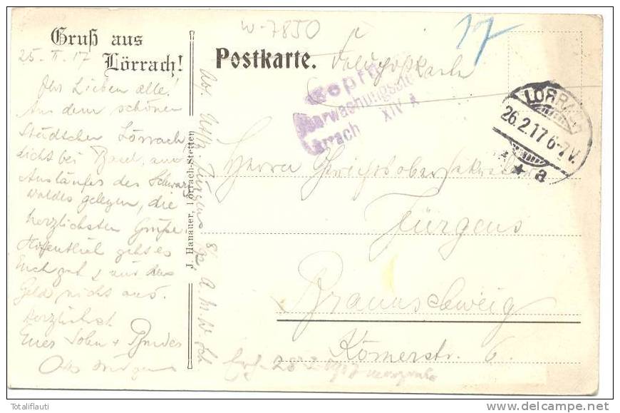 Lörrach Meyerhof Belebt Riegeler Bier Ablage Geprüft Überwachungsstelle XIV A Zensur 26.2.1917 - Lörrach