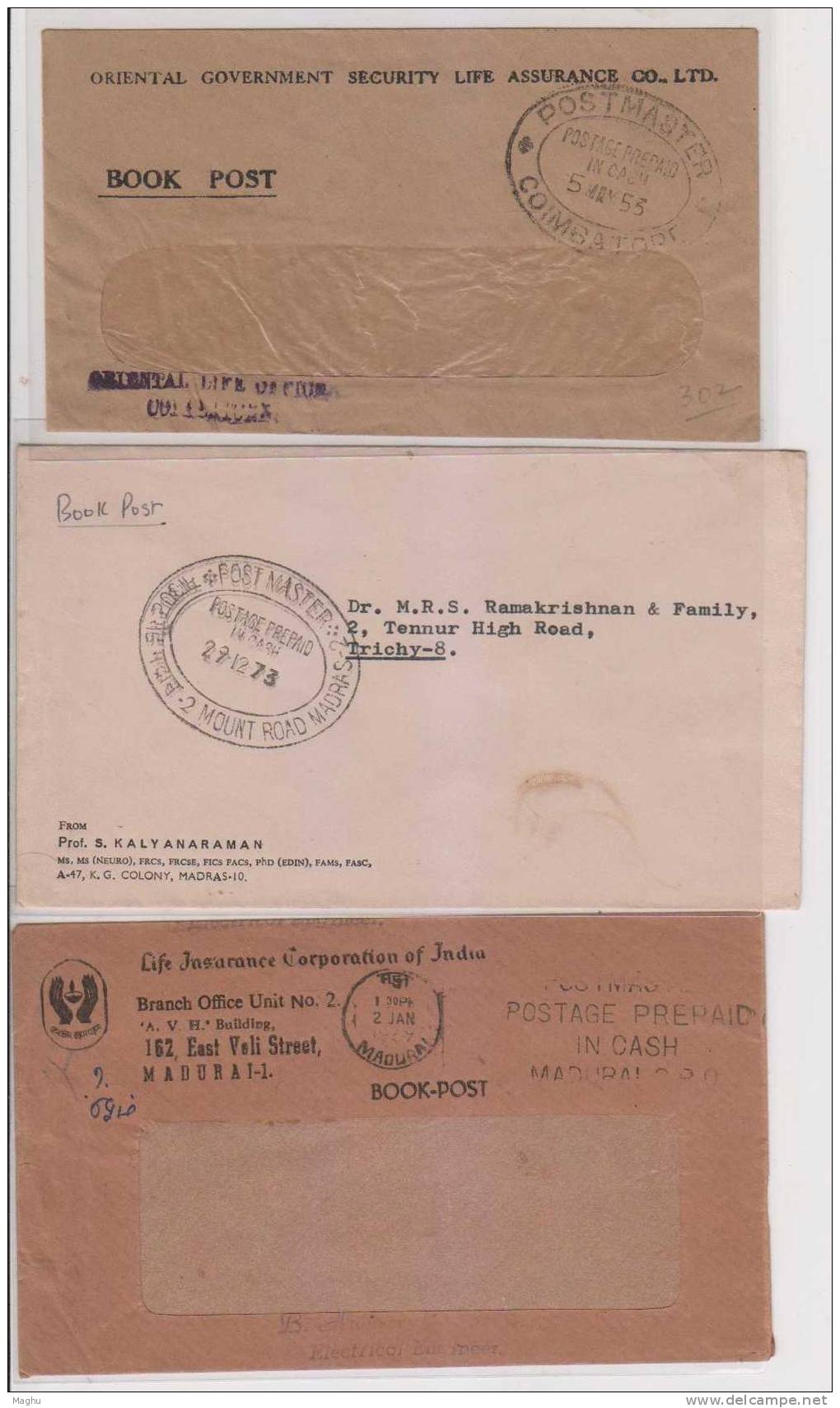 India  1953 / 1969 / 1973  Used, Cancl., "POSTAGE PREPAID In Cash" 3 Diff, As Scan - Lettres & Documents