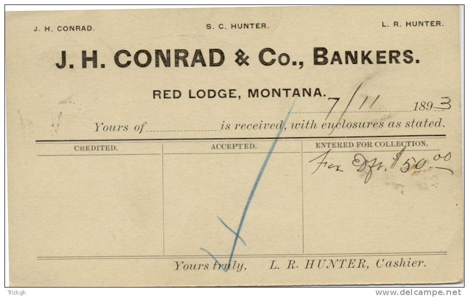 USA 1893 Conrad & Co Bankers, Red Lodge, Montana - ...-1900