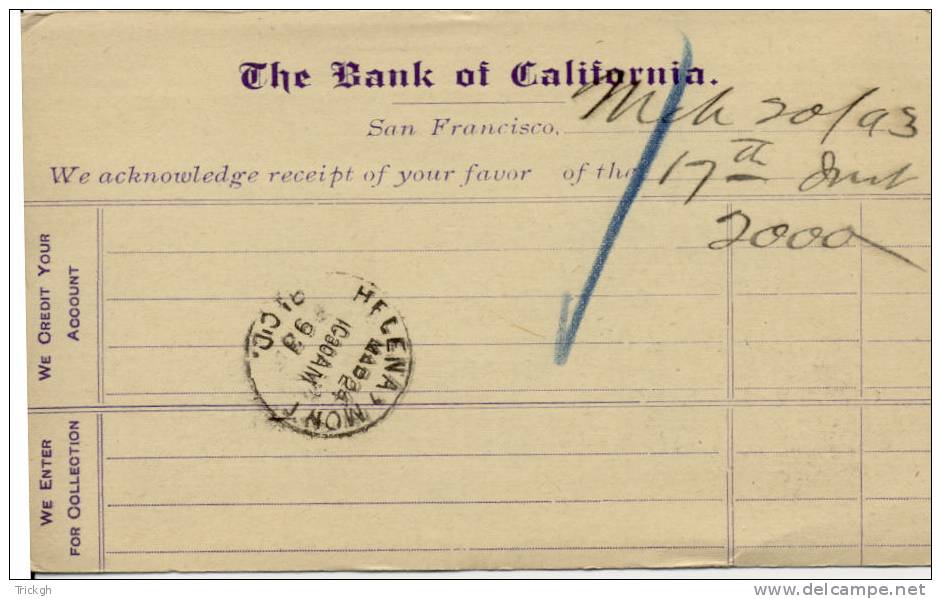 USA 1893 The Bank Of Calfornia >> Helena, MONT - ...-1900