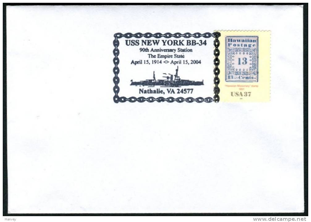 Cachet Illustré USA : Battleship USS BB-34 "New York" 90e Anniversaire 15/04/2004 Nathalie, Virginie - WW1