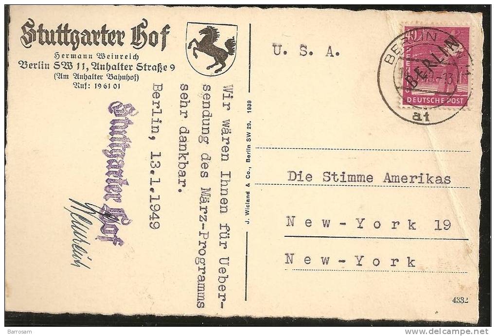 Berlin1948:Card To VOICE Of AMERICA EF(single Franking) Cat.Value Ca.300Euros - Other & Unclassified