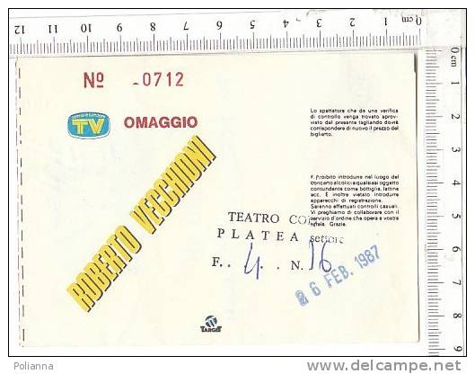 PO34267A  Biglietto Concerto ROBERTO VECCHIONI - Teatro Colosseo - Torino 1987 - Tickets De Concerts