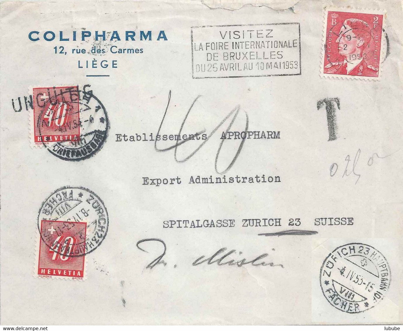 Taxierter Motiv Brief  "Colipharma, Liège" - Zürich        1953 - Covers & Documents