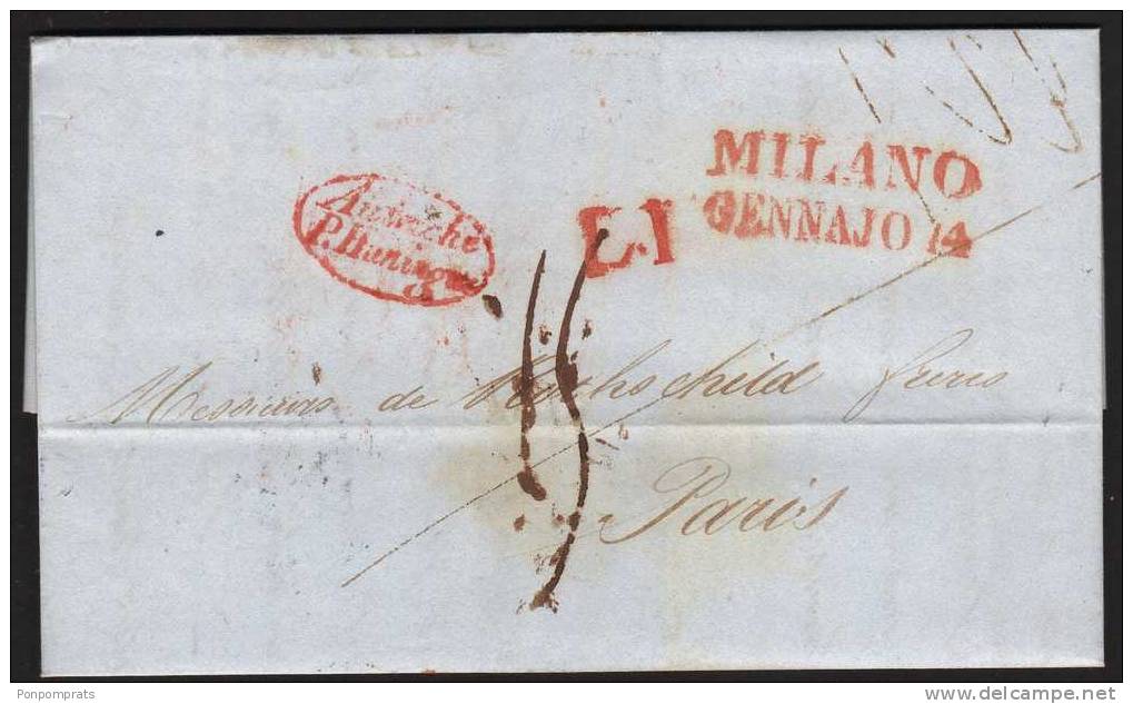 Pli De MILAN De 1838 En Port Du Avec MARQUES POSTALES   MILANO  L.1 Et Entrée AUTRICHE PAR HUNINGUEpour PARIS - ...-1850 Préphilatélie