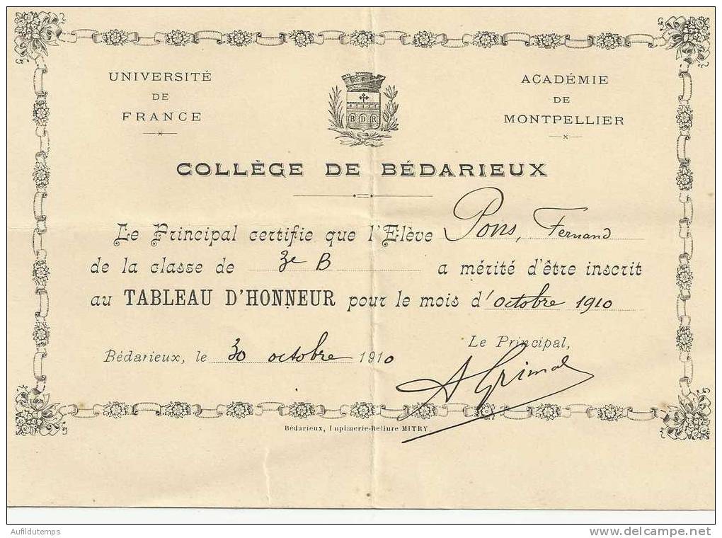 Tableau D'honneur "Collège De Bédarieux" 1910. - Sin Clasificación